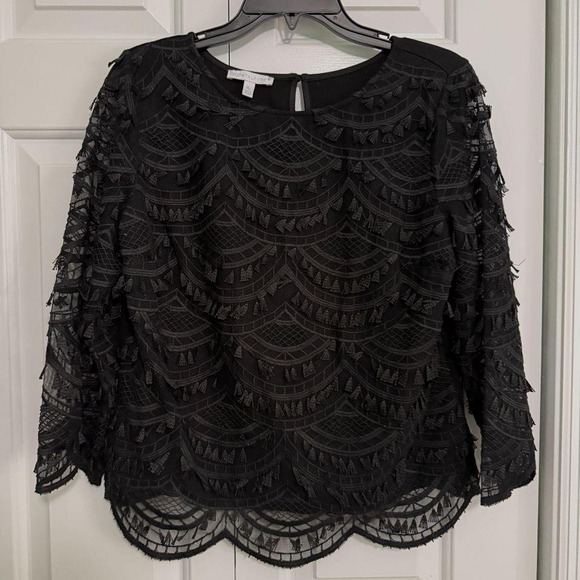 TALBOTS Women's Medium Petite Black Tassel Lace RSVP Party Goth Tunic Top MP - Picture 2 of 8